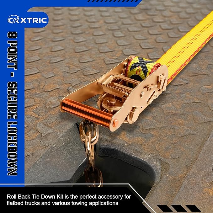 8 Point Roll Back Vehicle Tie Down Kit,Tow Truck Flatbed Straps with Chain Extension on Both Ends,WLL 3300 lbs,Heavy Duty Car Hauler Tire Over Wheel Tie Down Straps