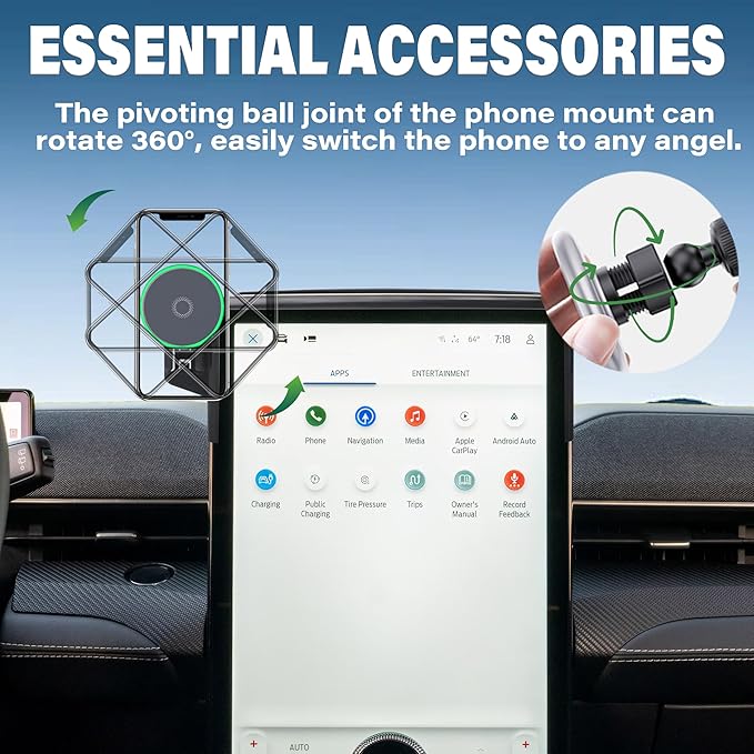 Car Phone Holder for 2021-2025 2026 Ford Mustang Mach-E Accessories Apply to 15.5 Inch Touch Screen 15W Fast Wireless Charger Screen Fixed Clip Cell Phone Mount Hands-Free 360° Rotation