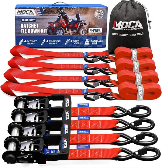 MOCA Red Heavy Duty Ratchet Tie Down Straps - 5200 Lbs Breaking Strength 1.6" x 8', Includes 4 Heavy Duty Ratchet Padded Handles & Coated Chromoly S Hooks & 4 Soft Loop Tie-Downs