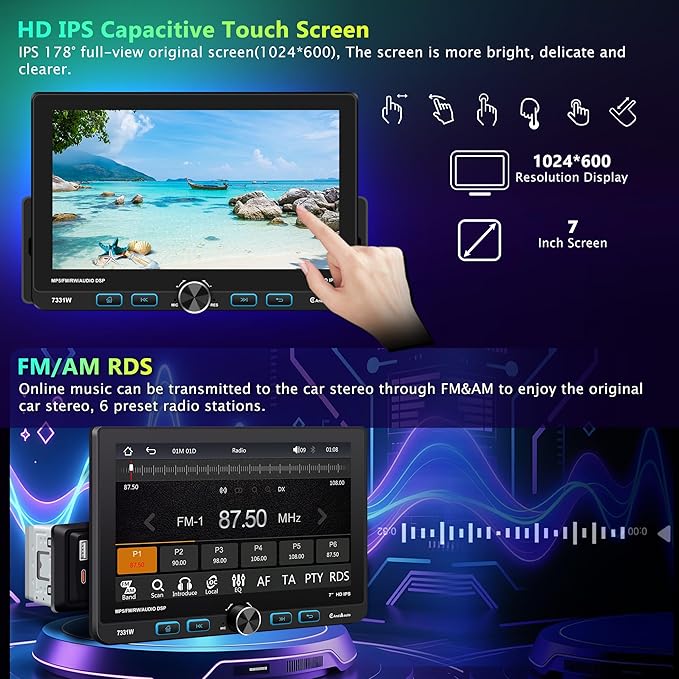7" Single Din Touchscreen Radio, Floating Car Stereo with Wireless Apple CarPlay & Android Auto,30° Adjustable HD IPS Touchscreen,FM/AM,Bluetooth 5.2,USB & Type-C,MIC,Physical Knob, Backup Camera
