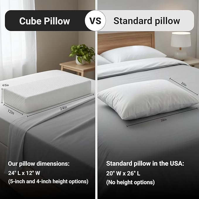 24x12x5 Pillow Cube for Side Sleepers with 2 Pillow Cases(White & Gray) Memory Foam- Medium Firm Design Ideal for Neck,Shoulder Pain Relief & Cervical Support - Made of Odorless Fabric