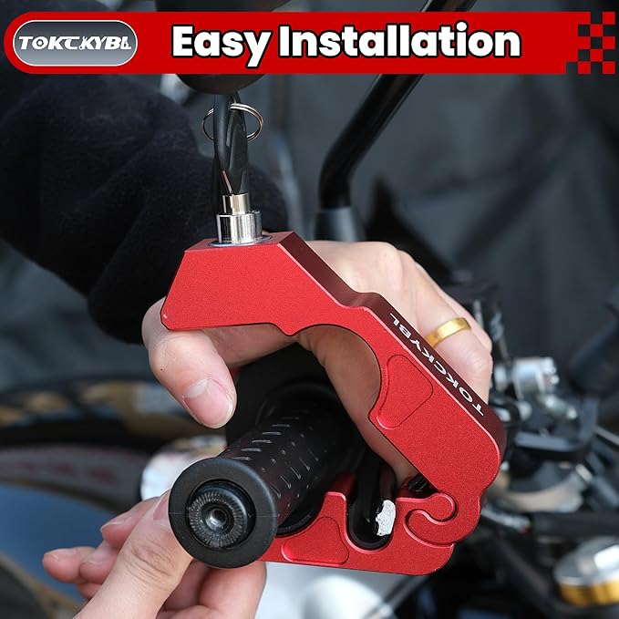Motorcycle Lock, Heavy Duty Anti Theft Helmet, Brake and Handlebar Lock, Universal for Motorcycles, ATVs, Dirt Bikes, Mopeds, Scooters, Red