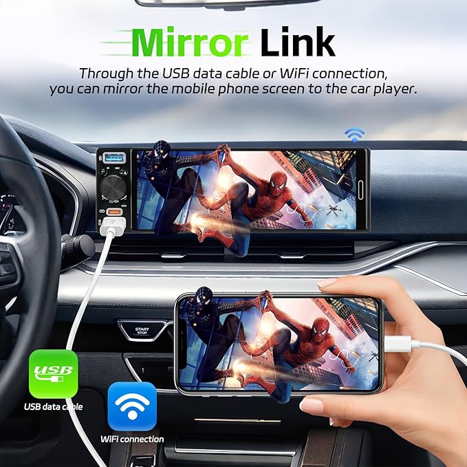 Single Din Car Stereo with Wireless Apple Carplay & Android Auto, 6.5" Full Laminated HD Touchscreen Car Radio with Bluetooth 1080P Backup Cam Navigation Mirror Link AM/FM USB & Type-C Charging EQ SWC
