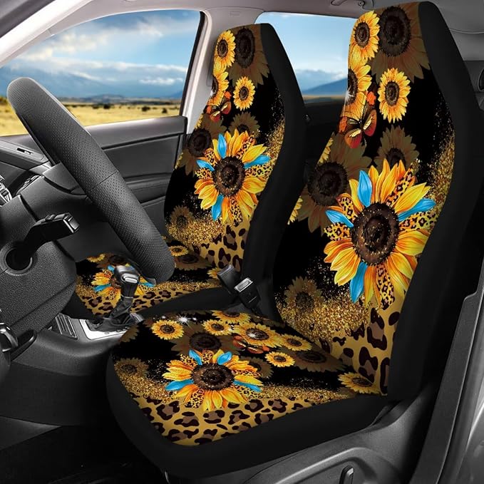 17Pcs Leopard Print Car Seat Covers Full Set with Front and Split Rear Bench,Sunflower Car Mats Full Set and Seat Belt Cover Pad,Leopard Print Car Interior Accessories for Women Universal Fit