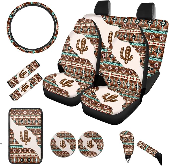 BIGCARJOB Aztec Cactus Print Car Seat Covers Full Set 12 Pcs Southwest Tribal Car Accessories for Women Auto Interior Seat Protector for Front Back,Armrest Pads,Steering Wheel Protector