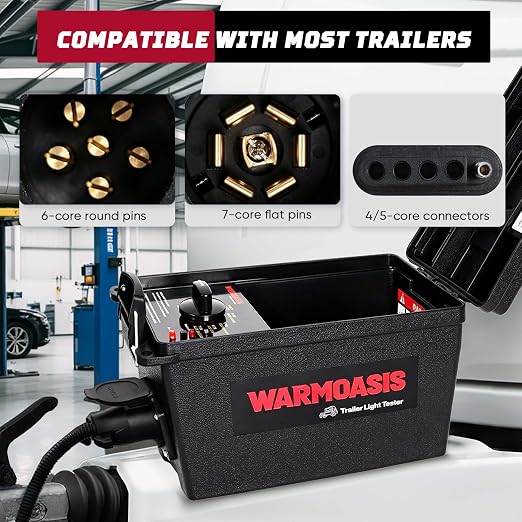 Trailer Light Tester with Remote Control, Equipped with 7 Pin Flat, 6 Pin Round, 4/5 Pin Connectors, 98 ft Remote Range, Dust & Splash Resistant, Easy Operation & Reliable Detection【No Battery】