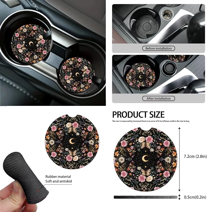 Butterfly Moon Rose Pattern Car Accessories Pack of 13, Comfortable Car Seat Covers Full Set, Steering Wheel Cover and Seat Belt Protector, Coasters with Finger Notch for Women and Men