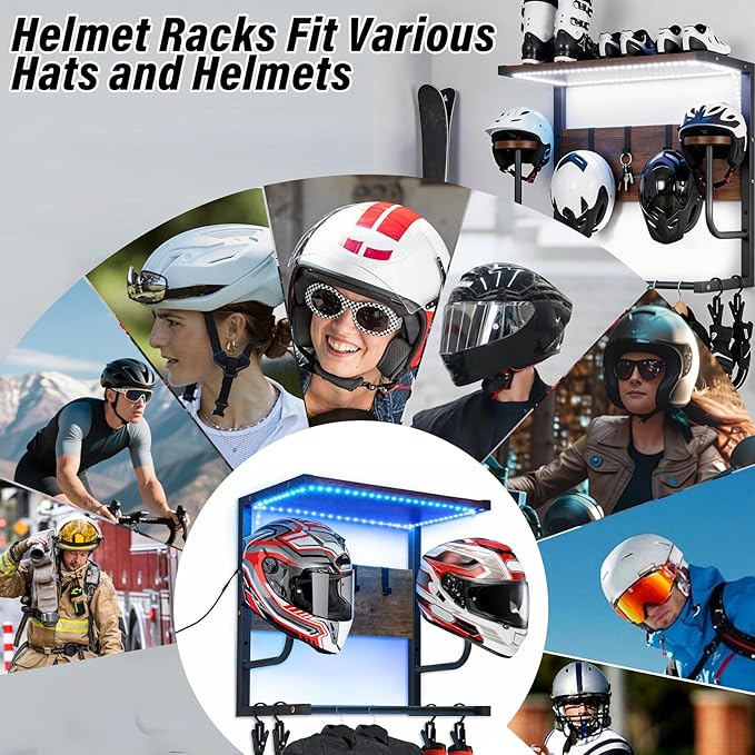 Motorcycle Helmet Rack Wall Mount with Light, Black & Steel Motorcycle Helmet Rack with RGB Light, Waterproof Heavy Duty Helmet Display Shelf for Jackets, Gear & Motorcycle Accessories Storage