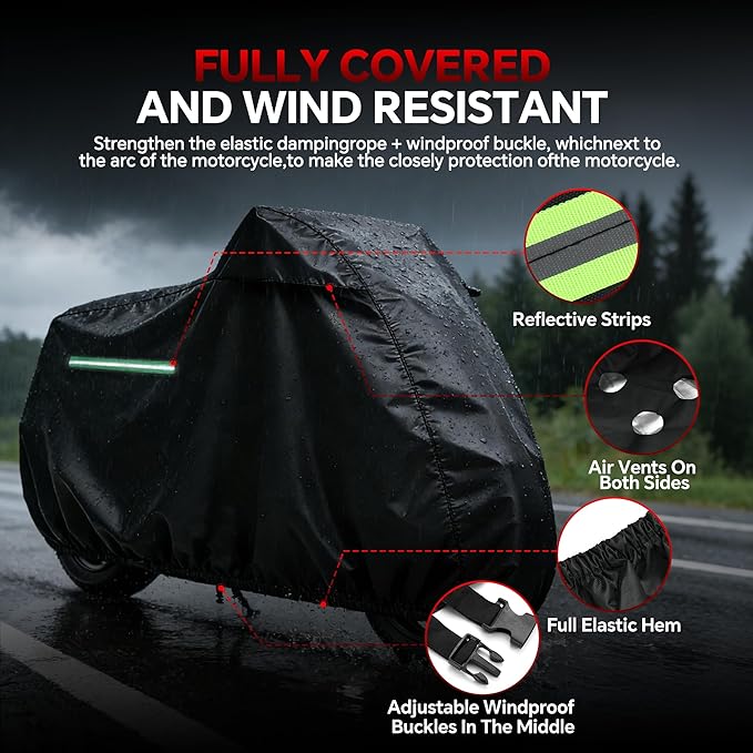 Motorcycle Cover, 420D Outdoor Storage Waterproof All Season Sun Protection Night Reflective with Adjustable Windproof Buckle Storage Bag Universal Fit up to 96.5" Motorbikes Vehicle Cover