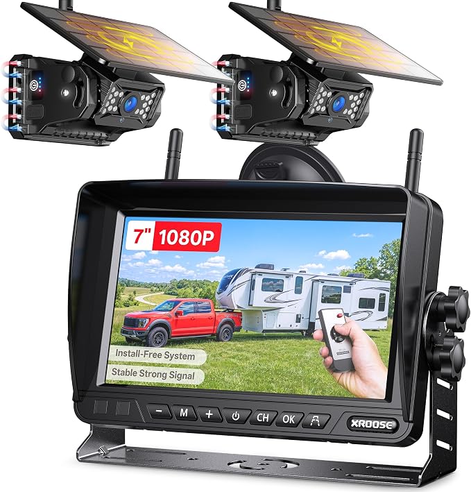 Dual Wireless Magnetic Backup Camera for Trailer,7” 1080P HD 4CH Monitor 2-Min Easy Install No Wiring 25H Long Battery Life 21000mAh Rechargeable No Delay Reverse Camera System for RV Truck