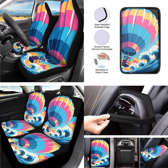 Balloon 13 Pcs Car Seat Covers, Cartoon Rainbow Hot Air Balloon Universal Driver Seat Cover Protector Armrest Pad, Sea Wave Steering Wheel Armrest Cover Seatbelt Cup Mats
