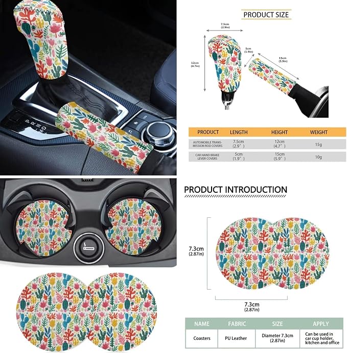 Cactus Car Seat Covers Full Set with Armrest & Steering Wheel Covers, Seat Belt & Handbrake Protectors, Cup Holder Coaster, Head Rest Covers, Keychain - 18 Pack
