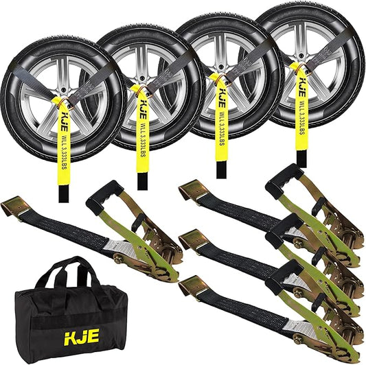KJE 4 Pack Car Tie Down Straps for Trailers - Tire Ratchet Strap with Flat Hooks - 2" x 10' 10,000LBS Break Strength - Lasso Style Wheel Straps for Hauling UTV, SUV, Any Cars