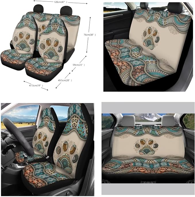Suobstales Boho Car Accessories for Women Men Dog Paw Print Seat Covers for Car, Trucks, SUV Full Set Interior Cover Seat Protectors with Steering Wheel Cover,Seat Belt Pads,Coaster,Keychains