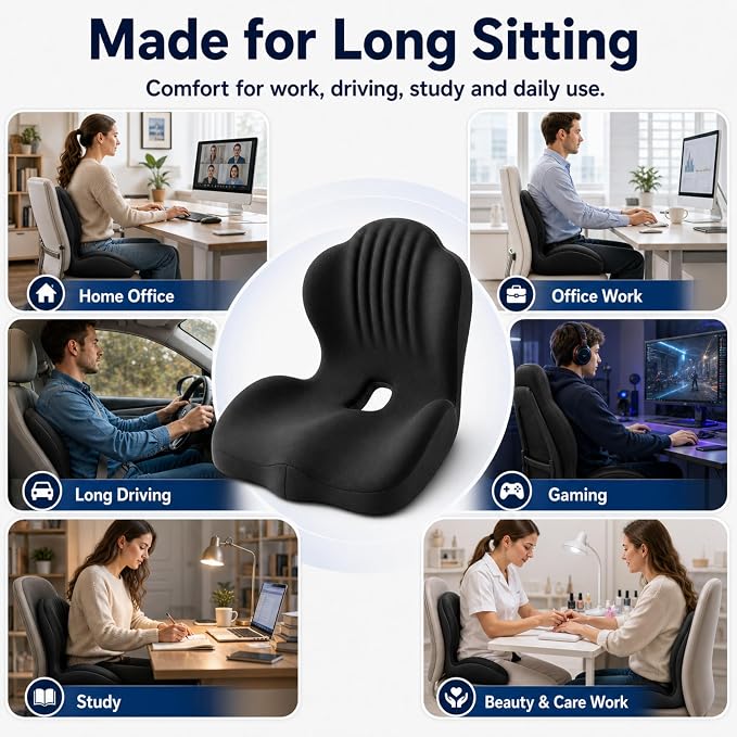 Seat Cushion With Lumbar Support, Extra Thick High Density Ergonomic Seat Cushion For Office Chair And Car Seat, Non-Flattening Memory Foam With Tailbone Pressure Relief And Back Support (Black)