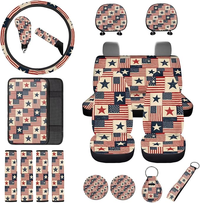 American Flag Print Car Seat Covers Front and Back Full Set 250 Year Decorative Headrest Covers Steering Wheel Cover Safety Belt Pads Armrest Cushion and Cup Coasters