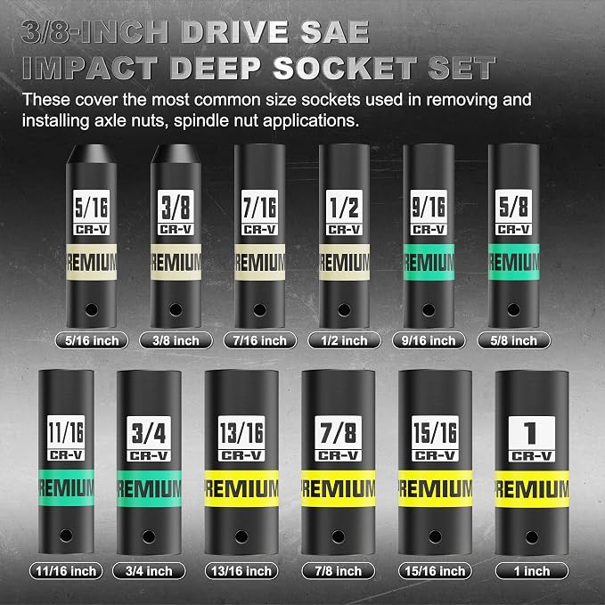 12-Piece 3/8-Inch Drive SAE Impact Deep Socket Set, 5/16 to 1 inch, CR-V, 6 Point, Heavy-Duty Sockets for Impact Wrenches, Automotive and Home