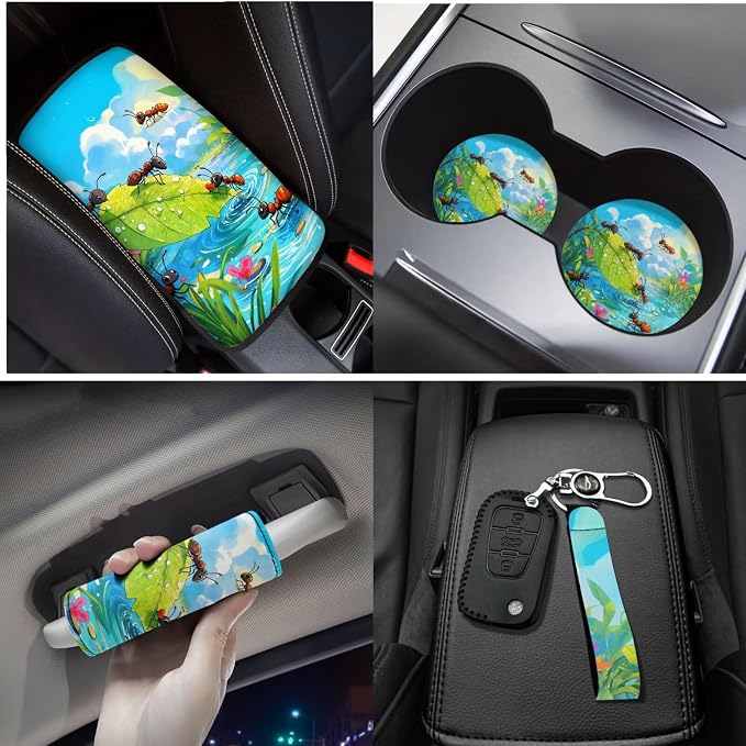 Cute Ant Print 17pcs Car Seat Covers Set Steering Cover Seat Belt Pad Carpet Floor Mat Pads Gift for Women Men 7