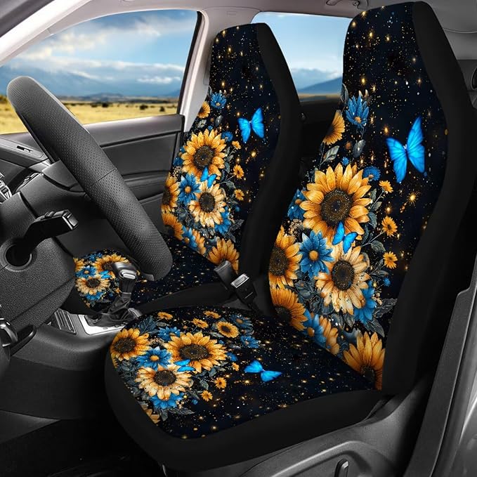 Butterfly Car Seat Covers Full Sets of 17Pack,Sunflower Car Accessories Sets with Seat Belt Shoulder Pad,Steering Wheel Car Covers,Cup Coasters,Butterfly Car Floor Mats Set of 4,Universal Fit