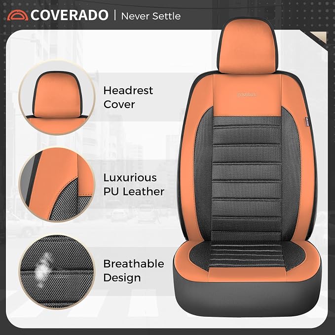 Coverado Car Seat Covers Full Set, Luxury Leather Car Seat Protector, Automotive Front and Rear Mesh Seat Covers, Full Set 5 Seats, Orange&Black Seat Cushion for SUV Sedan Truck