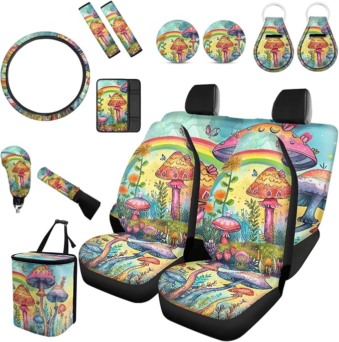 Forchrinse Rainbow Mushroom Car Sea Cover for Women Front Back Seat Covers with Steering Wheel Cover/Armrest Seatbelt Cover/Keychain/Garbage Trash Can All Weather Fit