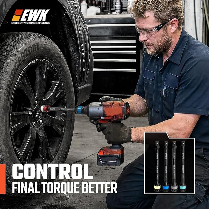 EWK 9-Piece 1/2 Inch Drive Thin Wall Flip Lug Nut Impact Socket and Torque Stick Set, 17x19mm 21x22mm 3/4x13/16 7/8x15/16, 80 100 120 150 Ft-lbs Torque Limiting Extensions for Wheel Service
