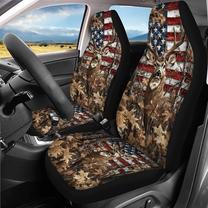 American Flag Reindeer Car Seat Covers Full Set 18 Pieces American Flag Car Interior Accessories Set Steering with Universal Fit Wheel Cover Maple Leaf Print Car Headrest Covers Keychain