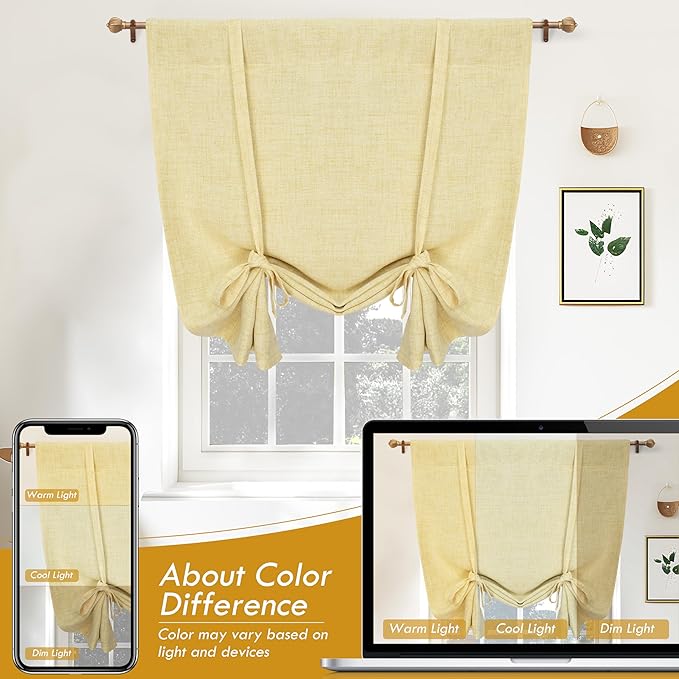 DriftAway Double Layer Linen Blackout Tie Up Curtains Thermal Insulated Fully Lined Balloon Roman Shade Bathroom Window Adjustable Rod Pocket for Small Window 25 Inch by 47 Inch Yellow