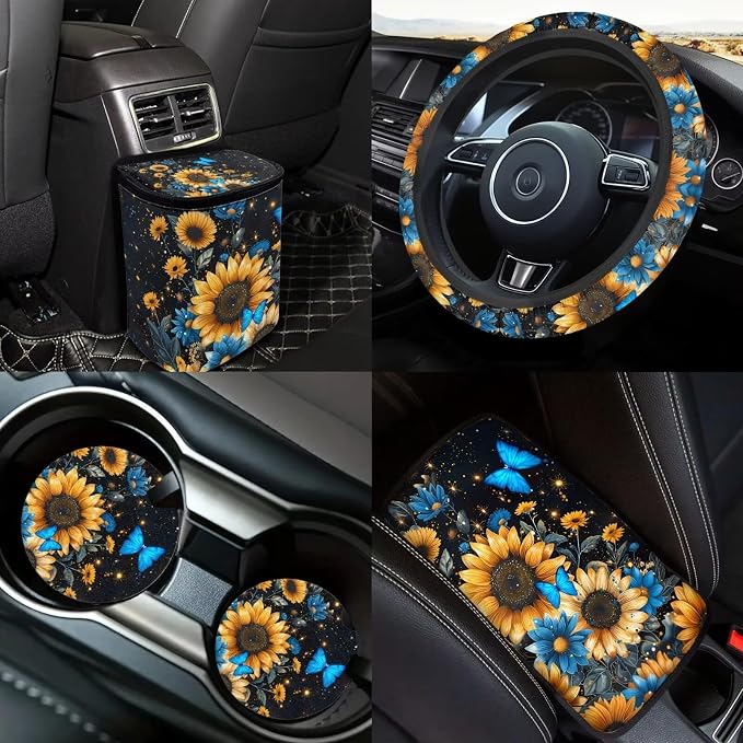 Butterfly Sunflower Print Car Seat Covers Full Sets 18 Pcs Universal Car Interior Accessories Sets Sunflower Print Steering Wheel Car Covers Auto Trash Can Car Headrest Covers Seat Belt Pads