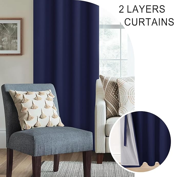 XWZO Full Shading Blackout Curtains 72 Inches Length - Heat and Light Blocking Ring Top Window Drapes with Black Liner Backing for Bedroom Sewn with Tiebacks, Navy Blue, W52 x L72, Set of 2