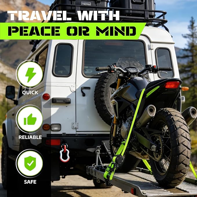 Retractable Ratchet Straps (2-Pack) - Heavy Duty Auto Slow Retraction Tie Down Straps - 1 Inch x 13 Feet (1,800lb Break Strength) for Truck, Cargo Trailer, Motorcycle, ATV, UTV - Fluorescent Green