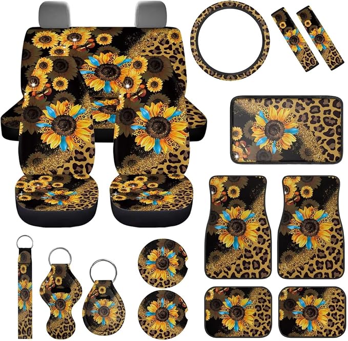 17Pcs Leopard Print Car Seat Covers Full Set with Front and Split Rear Bench,Sunflower Car Mats Full Set and Seat Belt Cover Pad,Leopard Print Car Interior Accessories for Women Universal Fit