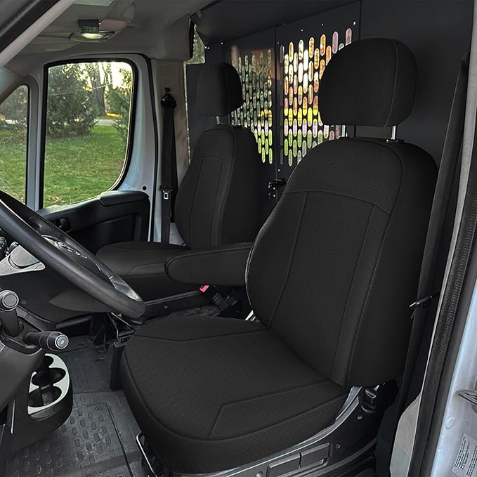 Front Bucket Seat Covers Compatible with 2013-2020 Dodge Ram Promaster Van, Armrest on Drivers Only, Breathable Automotive Cover Cushion Accessories, Black