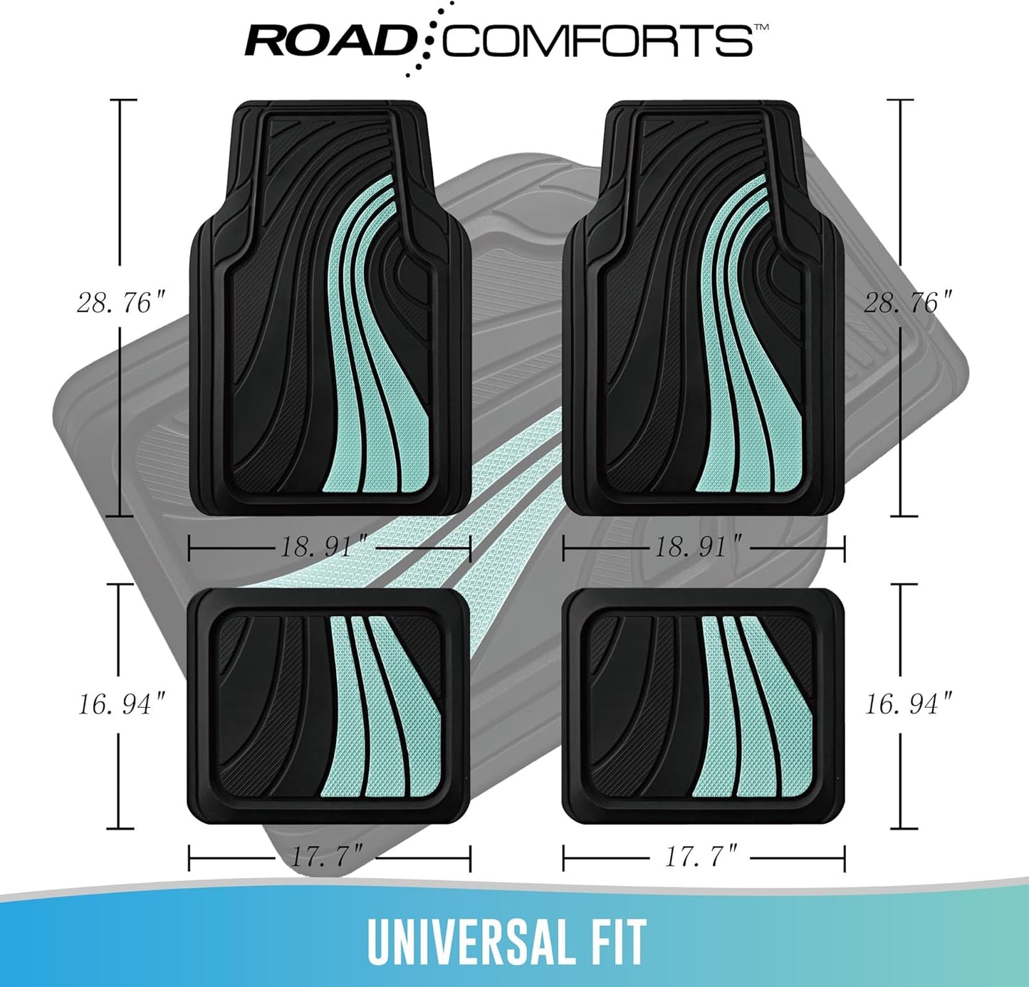Road Comforts Car Floor Mats Full Set – Front & Rear Car Floor Mats with Aluminum Design, Anti-Slip Backing, All-Weather Protection, Trim-to-Fit Car Mats for Most Sedans, SUVs & Vans - Green