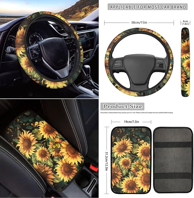Sunflower Car Seat Covers Full Set with Steering Wheel Cover Set of 18 Flower Head Rest Protector+Seat Belt Shoulder Pads+Car Cup Coaster+Handbrake Cover+Armrest Cushion and Keychain