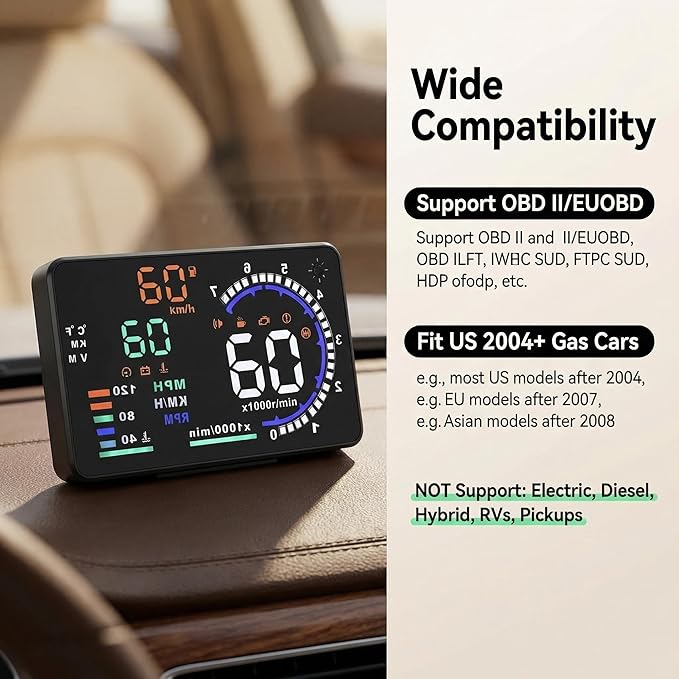 5.5 inches A8 OBD2 Windshield HUD Head Up Display with Display RPM MPH Speeding Warning Fuel Consumption Temperature