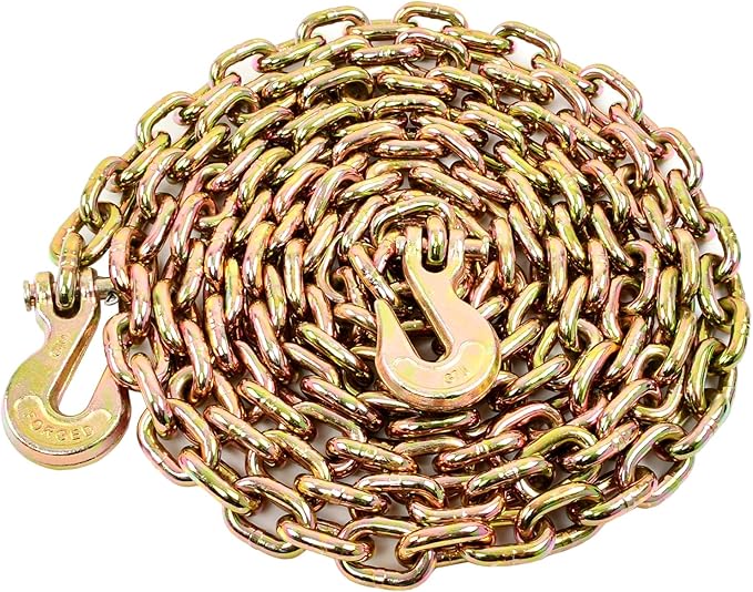 3/8 Inch x 16 Feet Transport Binder Chain G80 Safey Tow Chain with Grab Hooks 7100 Lbs Safe Work Load for Transporting Towing Tie Down Binding Equipment