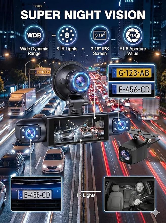 Dash Cam Front and Rear Inside,4 Channel,IR Night Vision for Driver(Grey) | Loop Recording,3.16 Inch IPS Screen,Parking Mode,360° Dash Cam