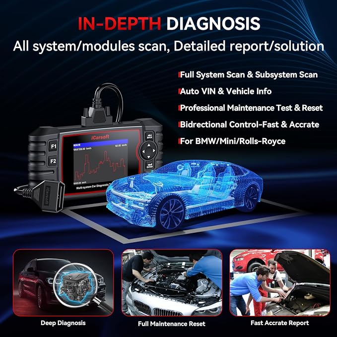 iCarsoft Bidirectional Diagnostic Tool for BMW/Rolls-Royce/Mini, BMM V3.0 All Resets/Battery Registration/ECU Coding Full System OBD2 Scanner for BMW Code Reader, Battery Test,Auto VIN-2025 Ver