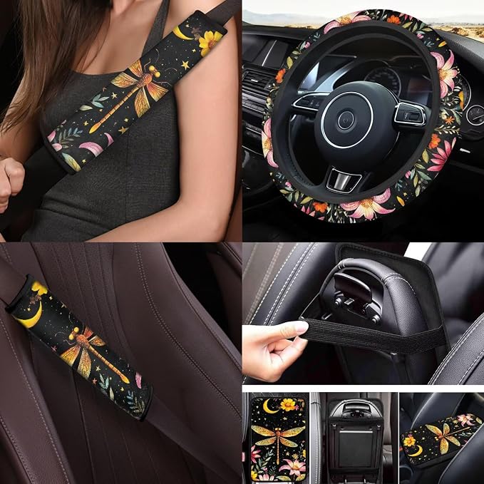 17 Pack Dragonfly Car Accessories Full Set,Star Moon Dragonfly Car Seat Covers Set with Car Mats Full Set Seat Belt Cover Pad Steering Wheel Cover Cup Coaster Sets Universal Auto Interior