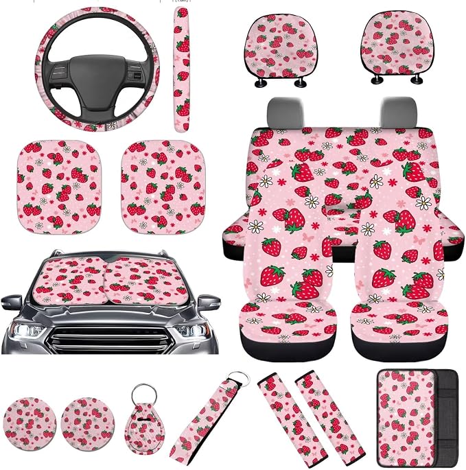 Pink Strawberry Car Seat Cover Sets with Steering Wheel Cover,Car Sun Shade,Seat Belt Covers Cup Holder with Keychain,Fruit Car Accessoires Universal Fit Most Cars SUV Trucks,16 Pack