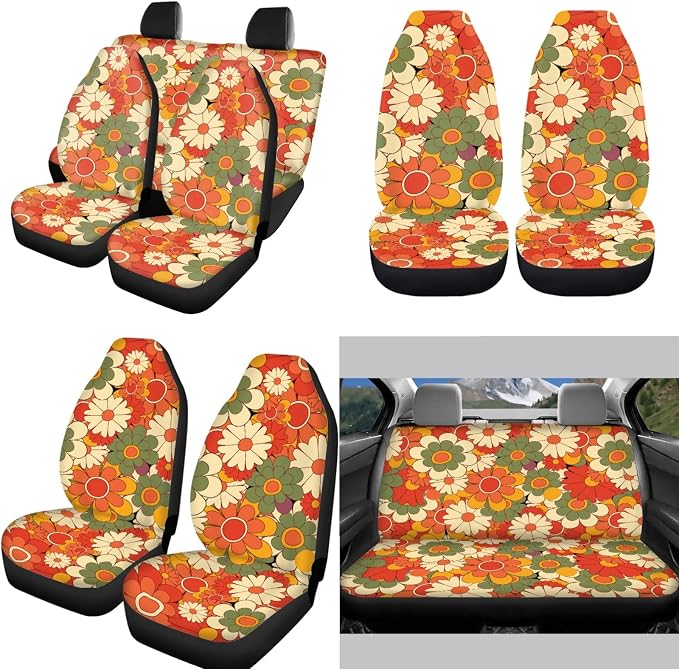 Groovy Flower Car Seat Cover for Women 12 Pcs，Beauty Hippie Floral Boho Coaster+15Inch Auto Steering Wheel Wrap+Keychains+Seatbelt Pads Universal Fit All Vehicles