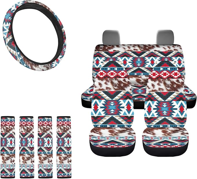 Aztec Seat Covers Full Set with Western Steering Wheel Cover, Shoulder Pads, Cow Print Seat Covers Car Accessories Universal Fit for Most Cars Truck, Red and Blue