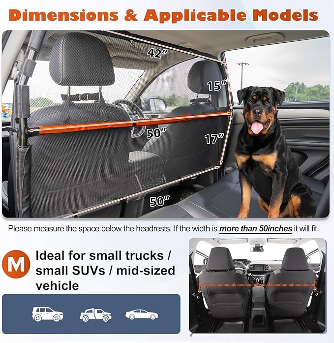 Dog Barrier for Car, 50" Wide SUV Dog Barrier for Cargo Area & 2nd 3rd Row Seats, Sturdy Dog Barrier for Small SUV & Truck with See-Through Net Mesh, Back Seat Divider for Mid-Sized Vehicle