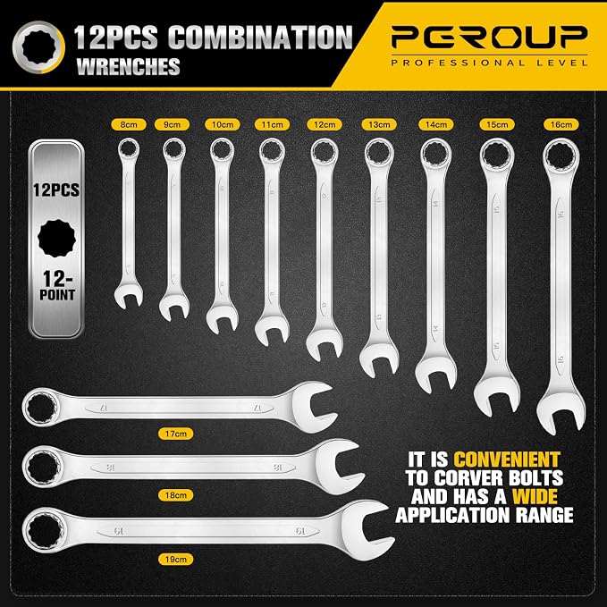 43 PCS Mechanic Tool Socket Set, 1/2” & 1/4” Drive Metric Shallow Socket Set (10-24 & 4-13mm), 12 PCS Combination Wrenches (8-19mm), Ratchet Handle, Extension Bar, Universal Joint, Sliding bar