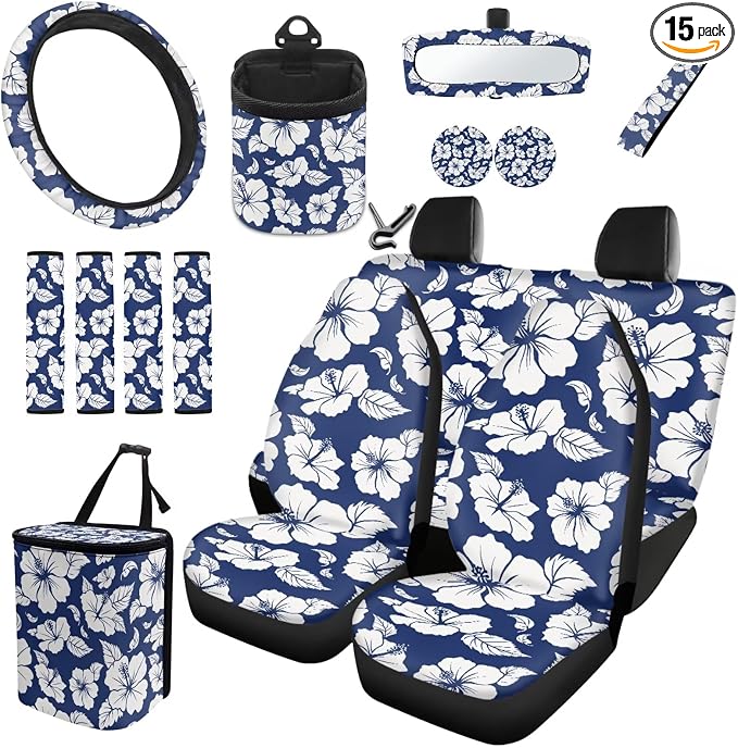Dreaweet Car Seat Covers Full Set for Women Blue Hibiscus Flowers Car Accessories Universal Steering Wheel Cover Seat Belt Pads Trash Bin Rearview Mirror Cover Cup Holders Keychain Air Vent Holder