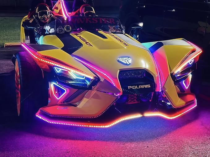 3PCS 4FT Double Row Dynamic Symphony RGB Chasing Light Strips, Flow Series Bluetooth App Accent Light Kit, IP68 Waterproof Wheel Hood Grille Underbody Lights Fit for Polaris Slingshot Car Truck
