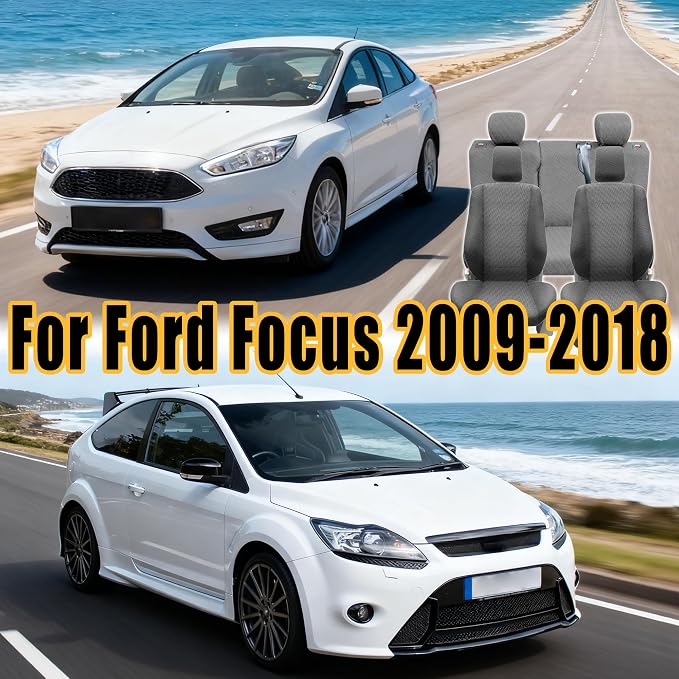 Front Knit Fabric Seat Covers for Ford Focus 2009 2010 2011 2012 2013 2014 2015 2016 2017 2018, Sponge Padding, Thickened Design, Easy to Install and Clean-Gray