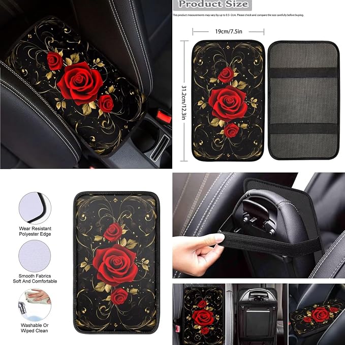 8 Pcs Red Rose Car Seat Covers Full Set Car Accessories for Women Front Seat Cover Steering Wheel Armrest Cover Seat Belt Cover for Auto SUV Interior Decoration