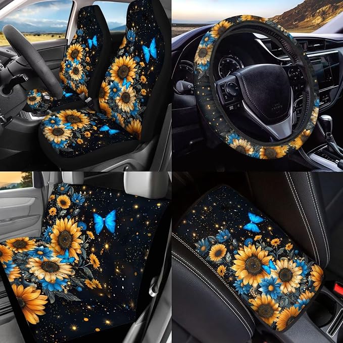 BIGCARJOB 15 Pcs Blue Butterfly Car Interior Sets for Women Car Seat Cover Sunflower Print Vehicle Bucket Seat Cover Full Set Trash Can Car Seat Headrest Pillow Cover Seat Belt Pads